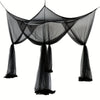 Black floor-to-ceiling mosquito net with a double opening, draped and suspended.