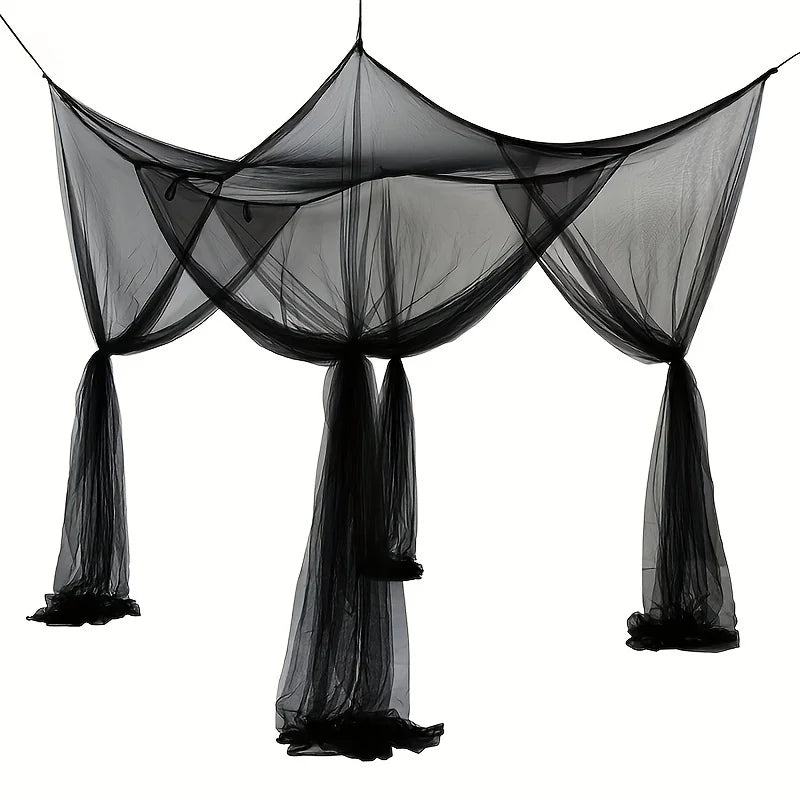 Black floor-to-ceiling mosquito net with a double opening, draped and suspended.