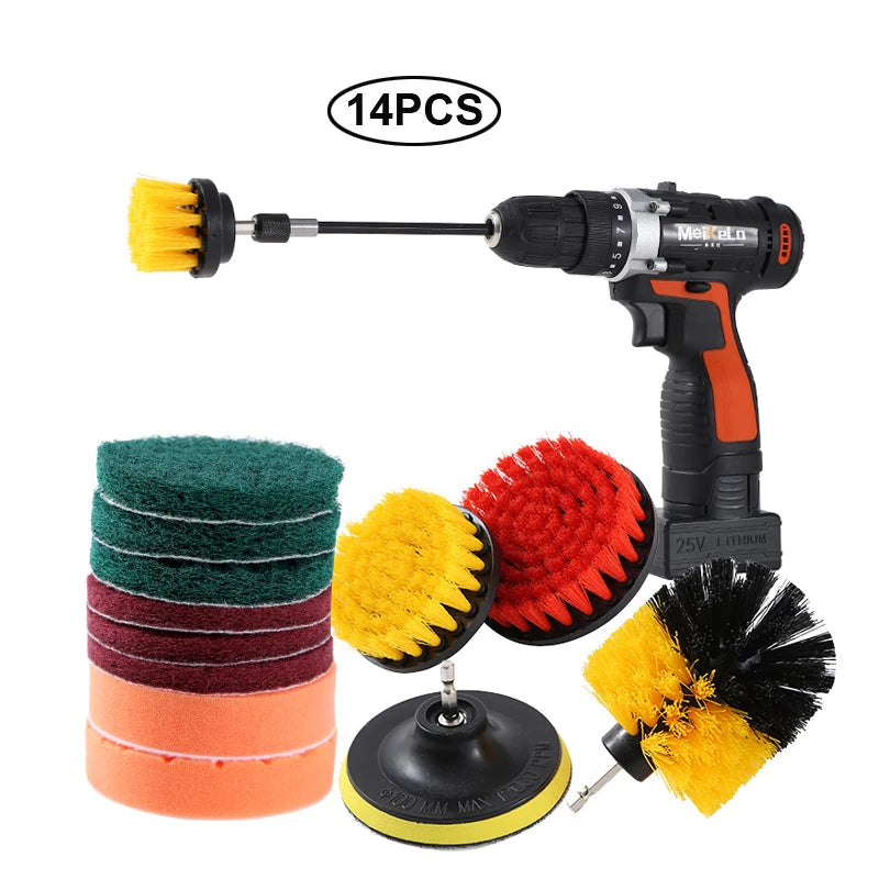 A drill brush cleaning kit with 14 pieces including various colored brushes and extensions for detailing