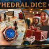 A collage of colorful polygonal dice gifts including a spinner die, gift boxes, and miniature figures for tabletop gaming.