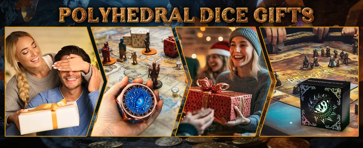 A collage of colorful polygonal dice gifts including a spinner die, gift boxes, and miniature figures for tabletop gaming.