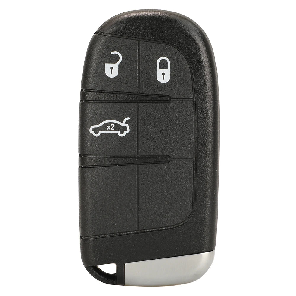 Black replacement key fob shell for Jeep, Dodge, Chrysler, and Fiat vehicles with security features and a vehicle silhouette.