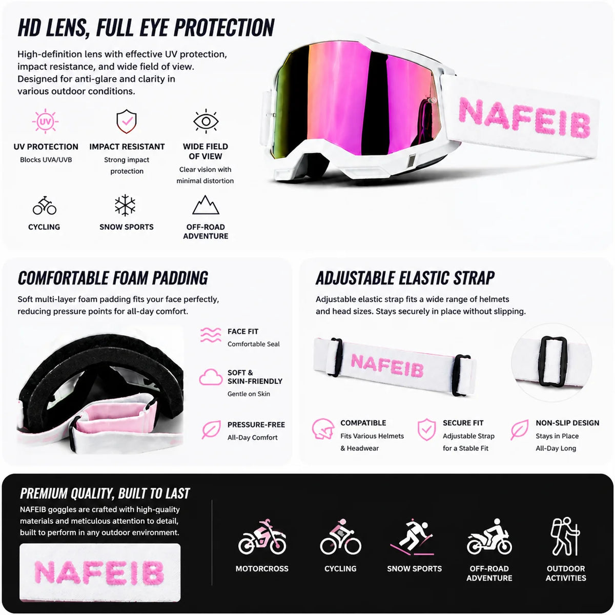 NAFEIB professional MX off-road goggles with HD lens shown on a white background.