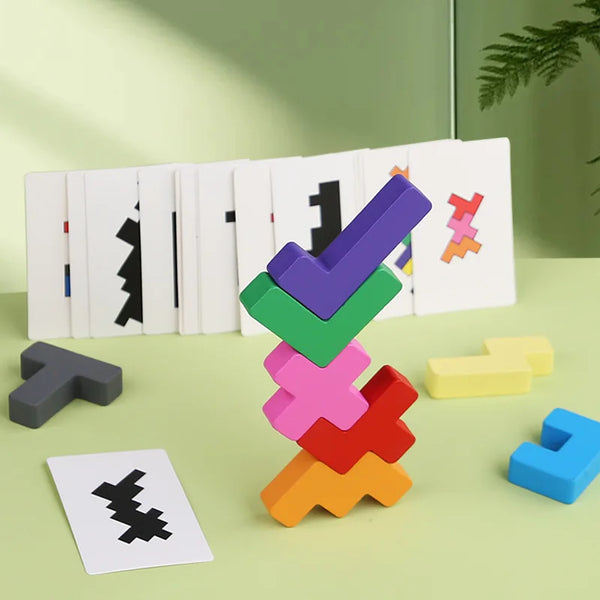 A wooden shadow matching puzzle and shape sorter featuring various colored wooden blocks and cards on a light green surface.