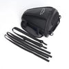 Black motorcycle tail bag with straps shown from above