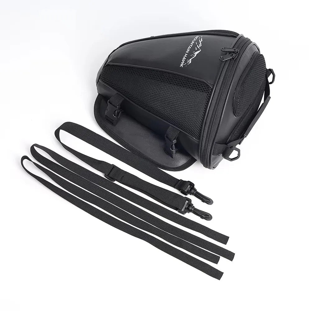 Black motorcycle tail bag with straps shown from above