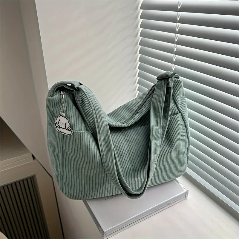 Women's Corduroy Shoulder Bag with Zipper Closure