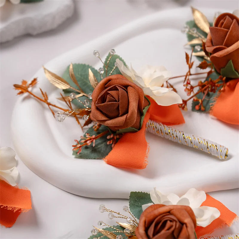 Burnt Orange Silk Boutonniere Set for Wedding Groom and Groomsmen