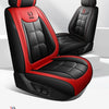 A black and red leather car seat cover featuring stitching and design details.