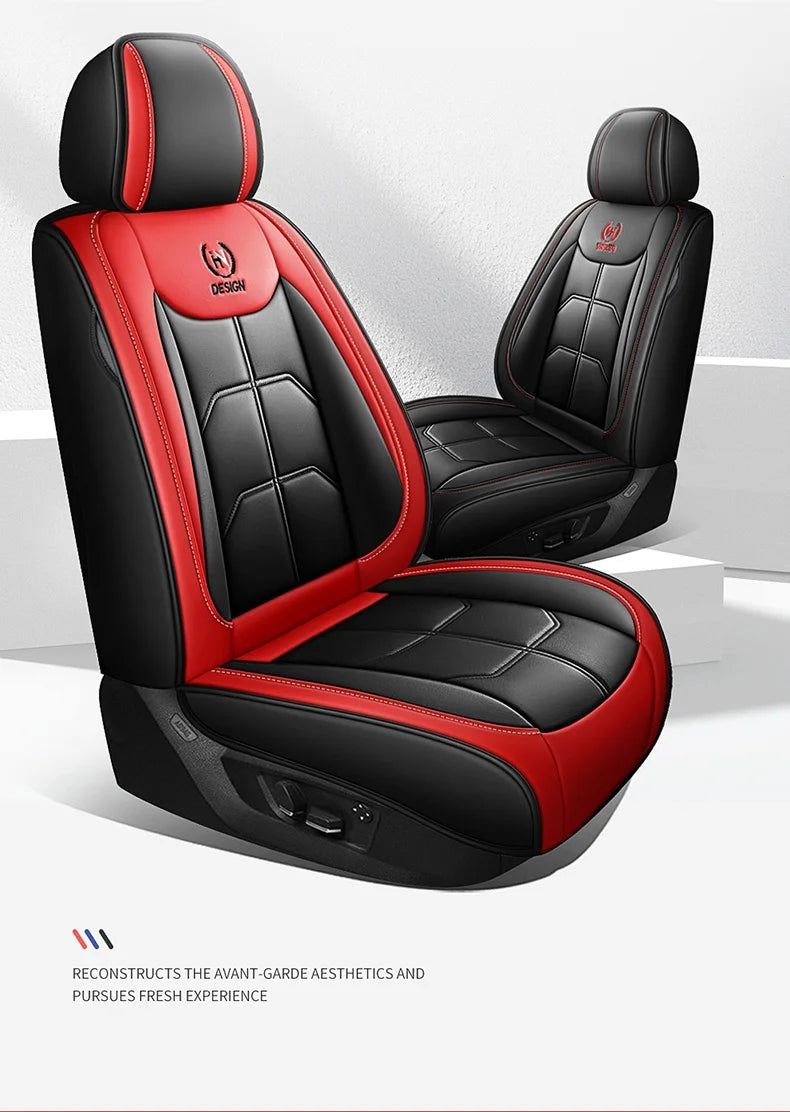 A black and red leather car seat cover featuring stitching and design details.