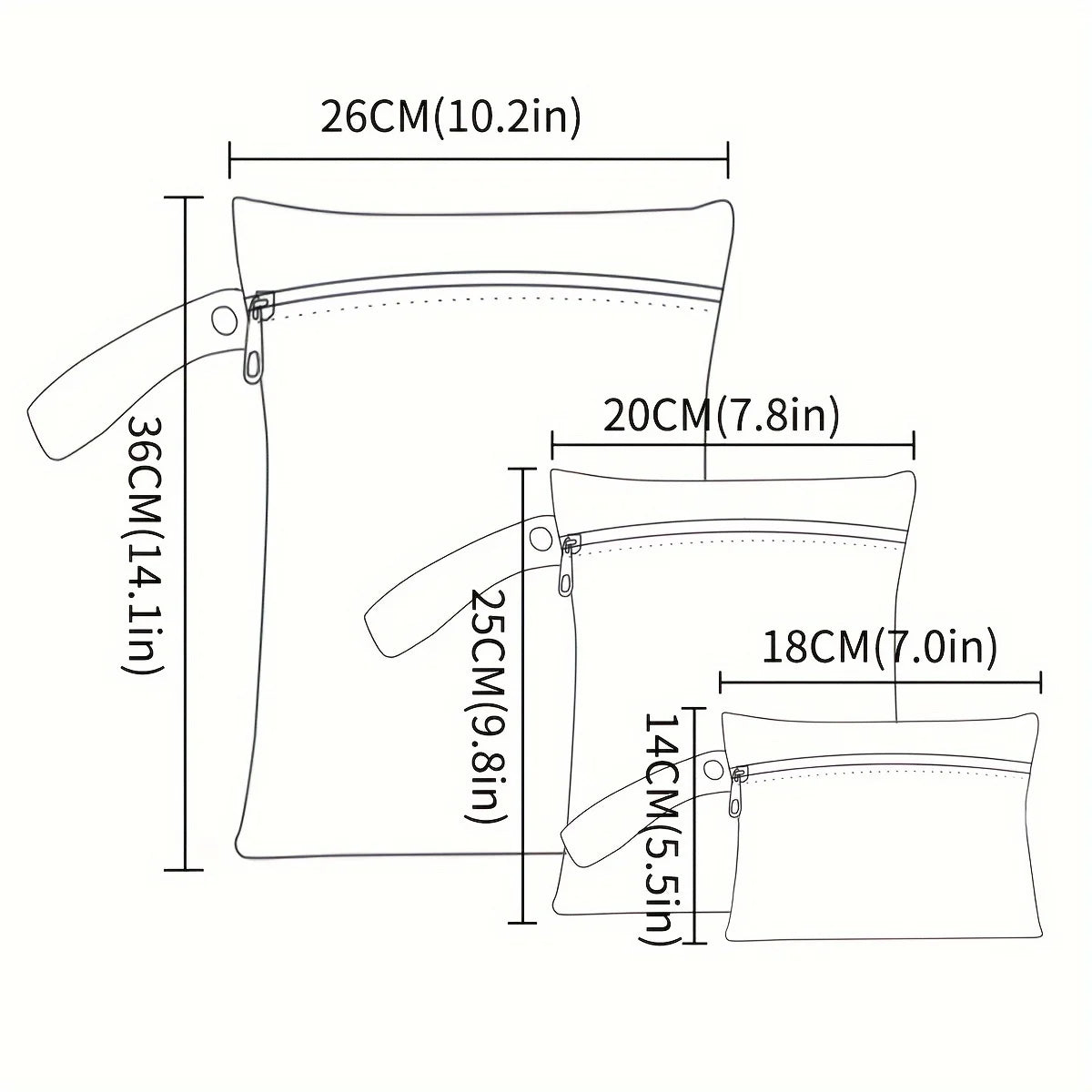 A diagram showing the dimensions of a reusable waterproof wet bag set with hanging hooks.