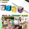 A colorful alloy metal fidget cube spinner toy shown with various uses for stress relief and concentration.