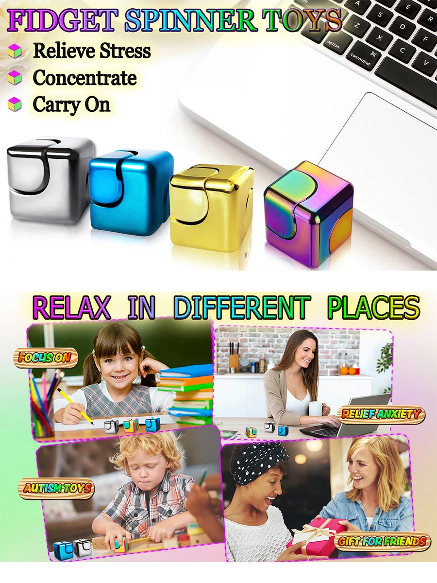 A colorful alloy metal fidget cube spinner toy shown with various uses for stress relief and concentration.