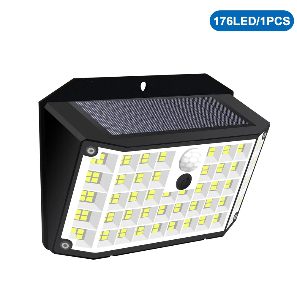 A black solar-powered security wall light with a grid of yellow LED lights.