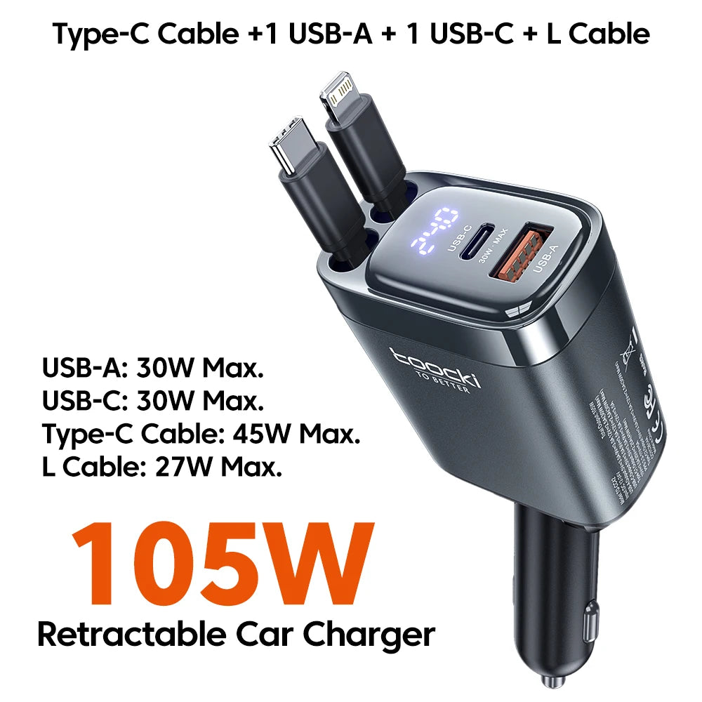 A black retractable car charger featuring Type-C, USB-A, and USB-C cables for charging devices.