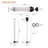 Manual fluid extractor and injection pump with a long white hose and various components.