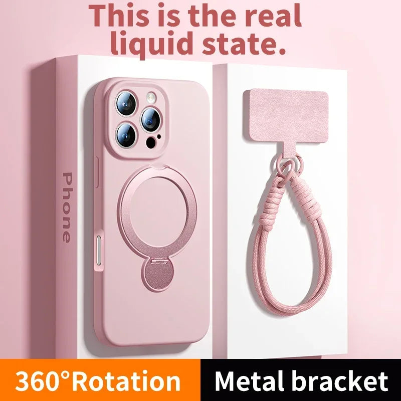 Pink iPhone case with a magnetic bracket and lanyard attached, showing 360 degree rotation and metal bracket features.