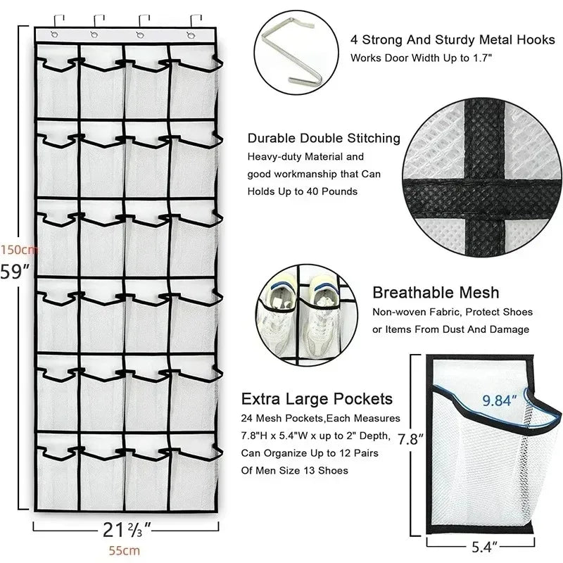 Over-the-door mesh shoe organizer with hanging pockets featuring durable hooks and large pockets for shoes