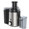 A modern stainless steel centrifugal juicer with a black base and clear plastic components.