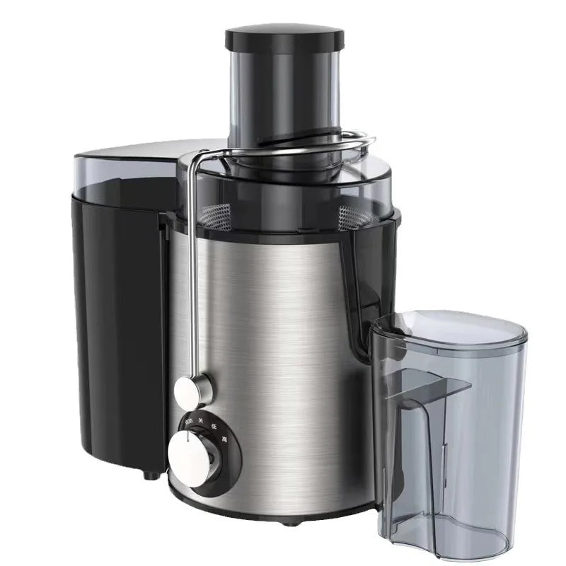 A modern stainless steel centrifugal juicer with a black base and clear plastic components.