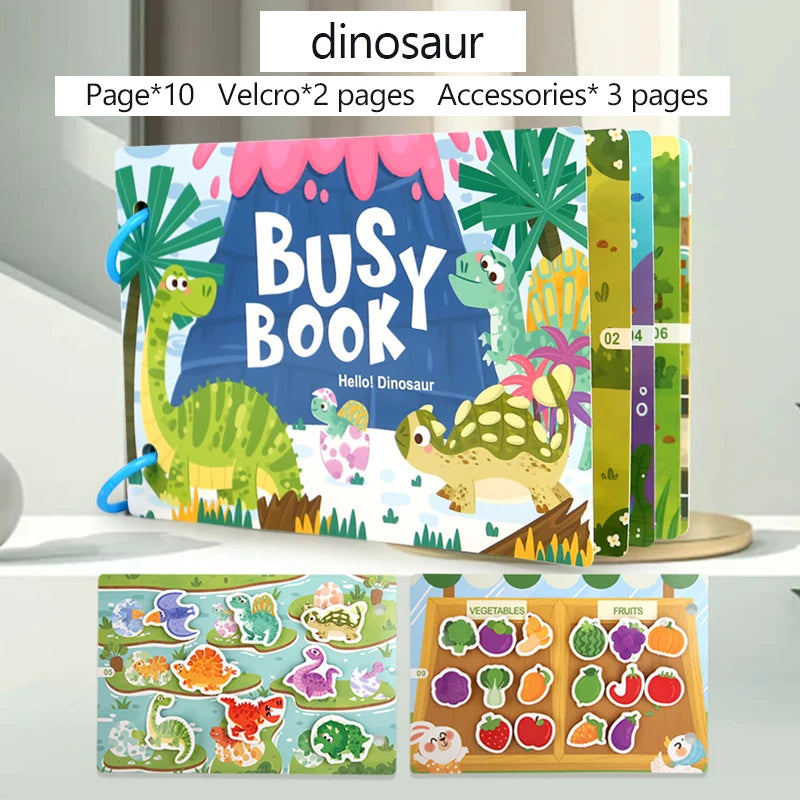 A colorful dinosaur busy book featuring matching games and illustrations for toddlers.