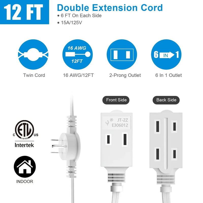 12-Foot Twin Extension Cord with 6 Outlets