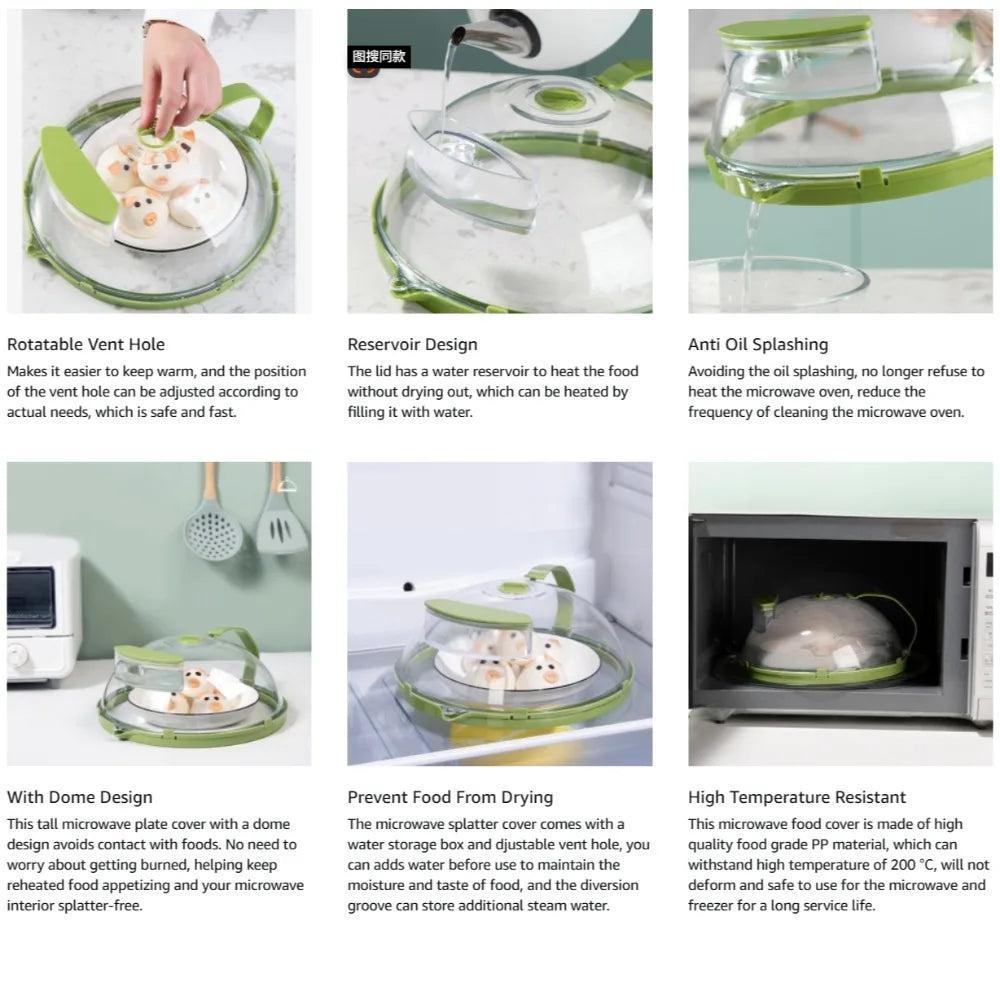 Microwave splatter cover with a dome design and ergonomic handle for fitting 10-inch plates