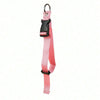 A pink durable polyester luggage strap with black buckles and an ID tag attached.