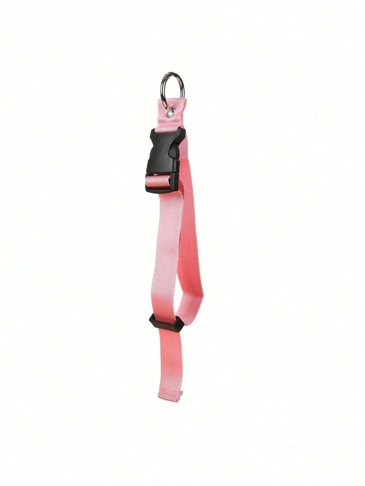 A pink durable polyester luggage strap with black buckles and an ID tag attached.