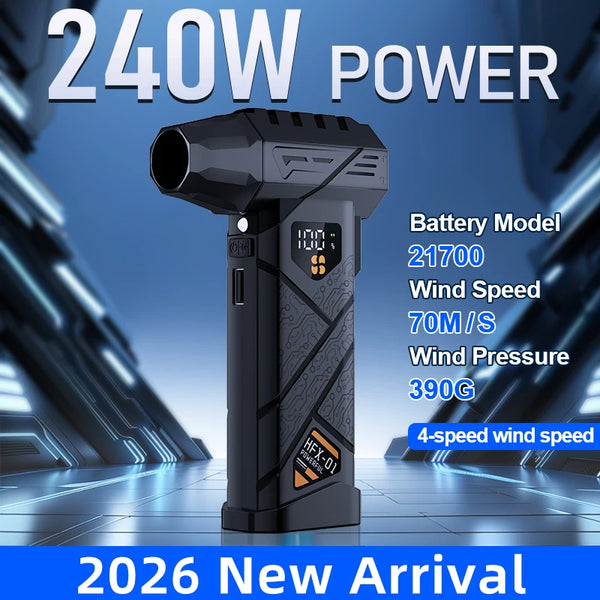 A black cordless turbo blower is shown against a blue background with text indicating 240W power and a 2026 new arrival.