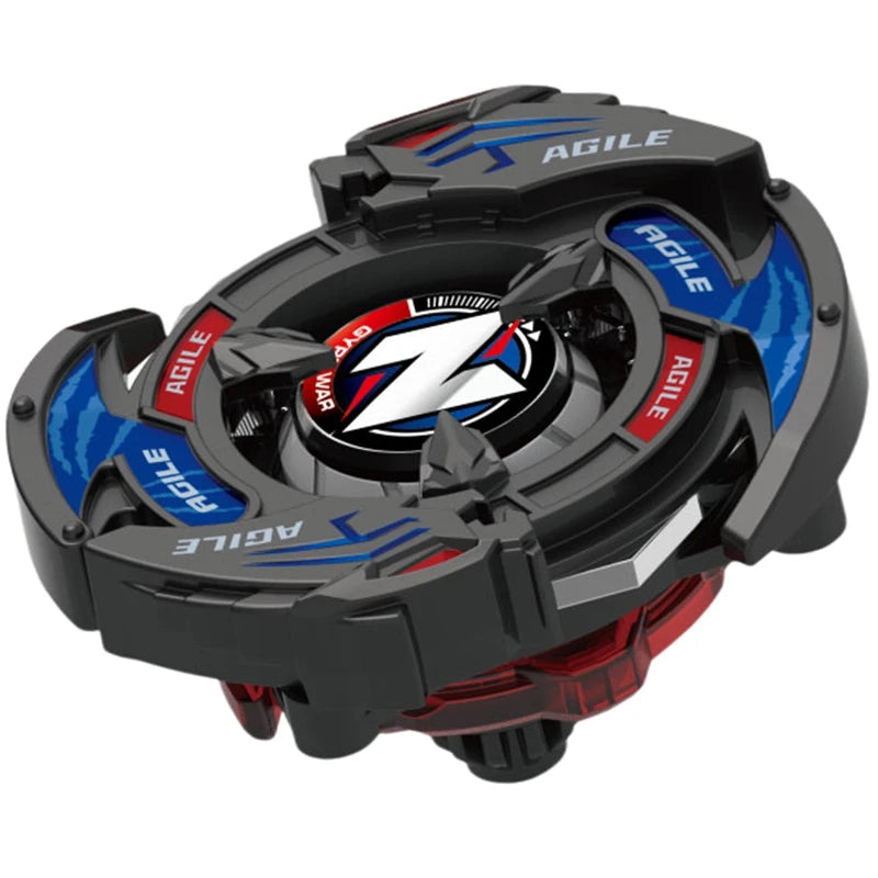 A black and blue precision metal spinning top with an agile design featuring the Agile logo.