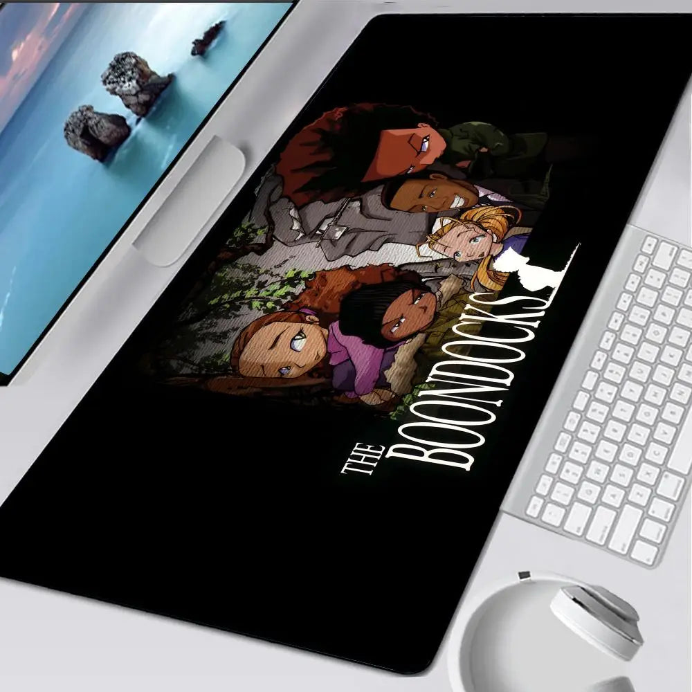 A black gaming mouse pad featuring artwork from The Boondocks with characters in a dramatic scene.