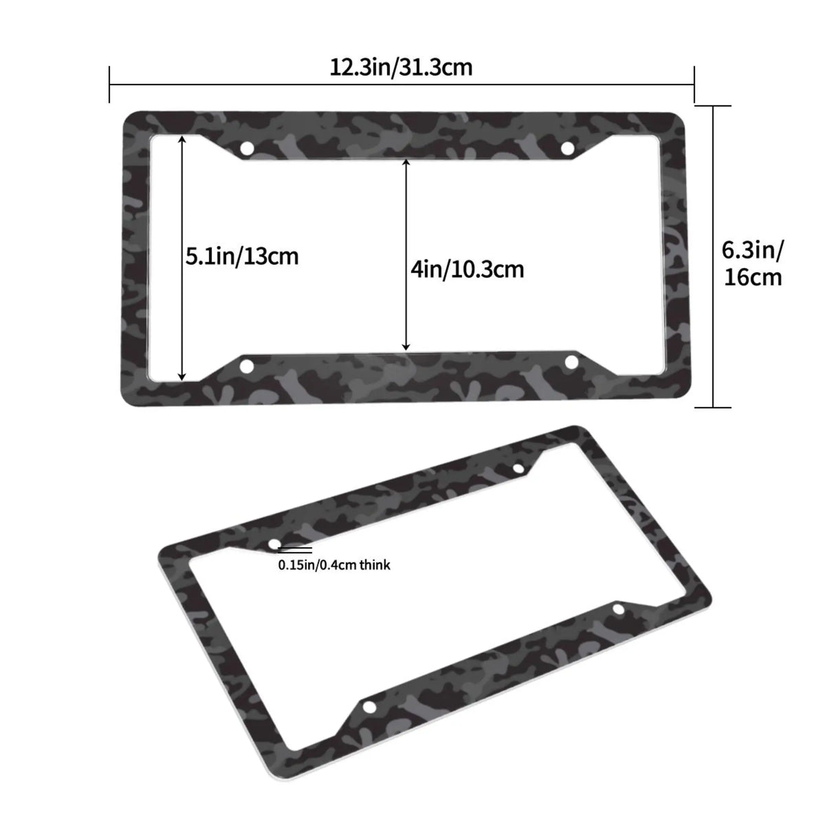 Aluminum license plate frame with a black and grey camouflage finish, shown in two views.
