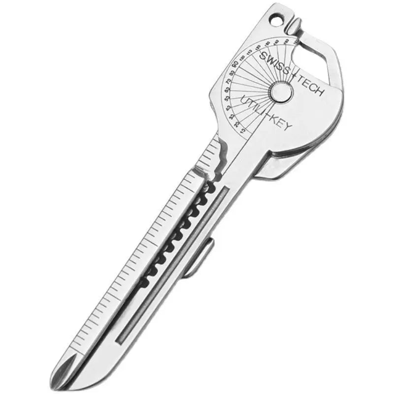 Silver SwissTech utility key multi-tool keychain with serrated blade and various tools