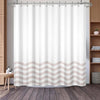 White shower curtain featuring a geometric stripe pattern of light beige horizontal waves.