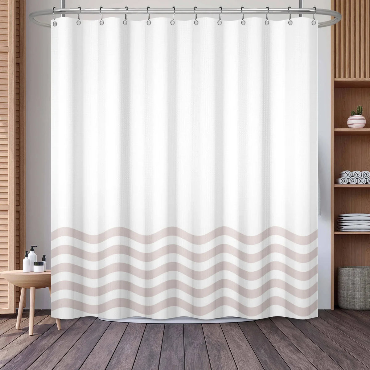 White shower curtain featuring a geometric stripe pattern of light beige horizontal waves.