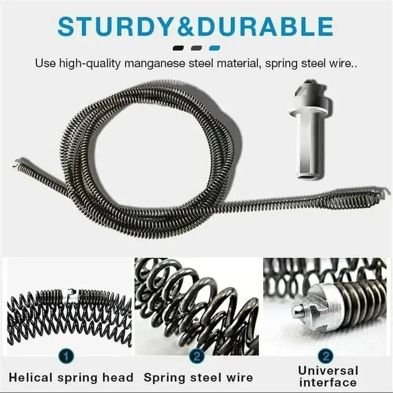 A set of helical spring components including a spring head, spring steel wire, and a universal interface for drain cleaning.