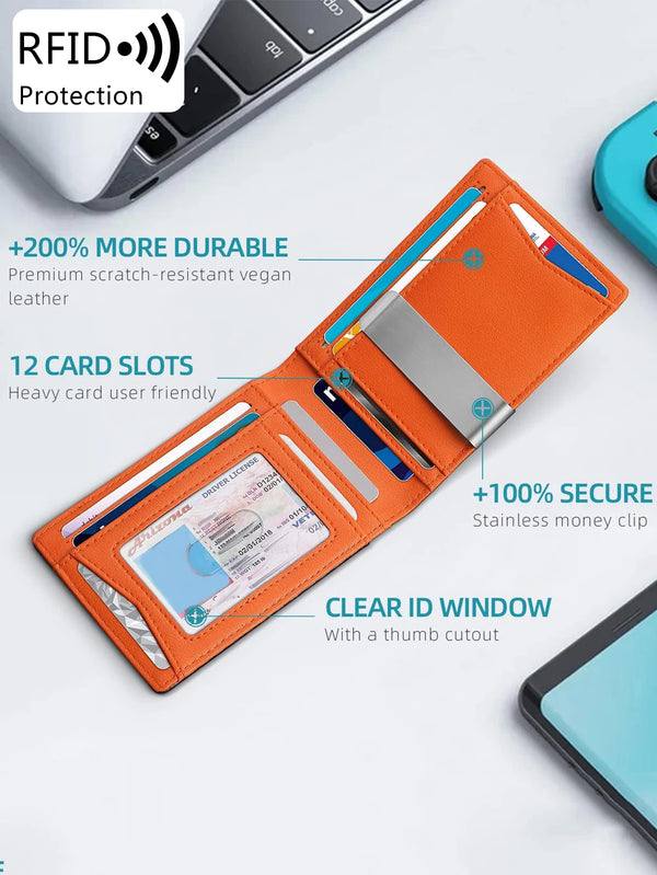 Orange leather wallet with 12 card slots and a clear ID window shown on a white surface.