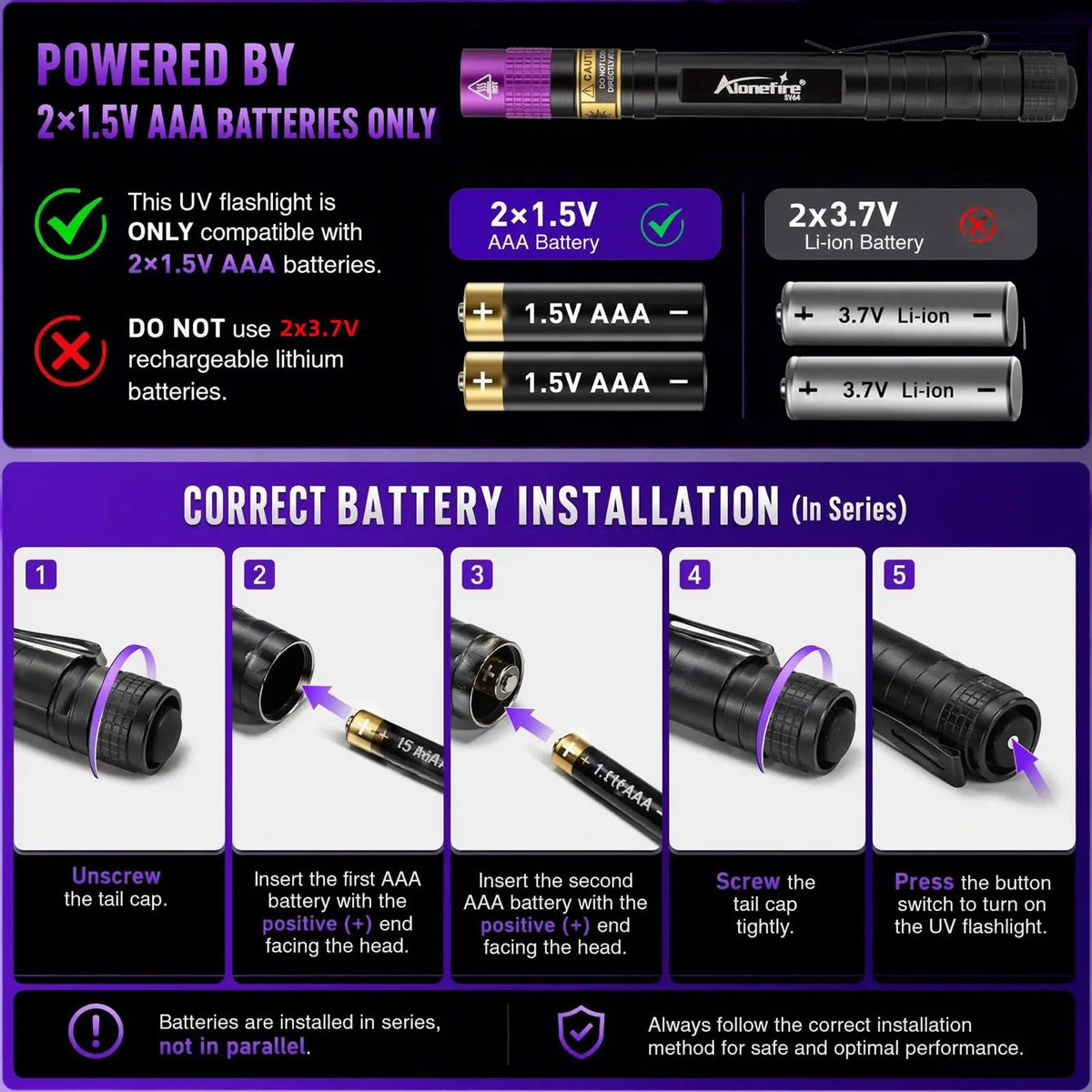 Instructions for correct battery installation in series for a mini UV flashlight