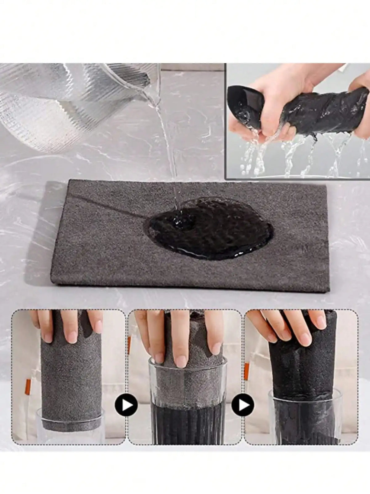 Demonstration of reusable microfiber cleaning cloths being used to wipe and clean a surface.