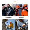 A set of tools and gear shown in various work scenarios including technical, rescue, mountain climbing, and repair work.