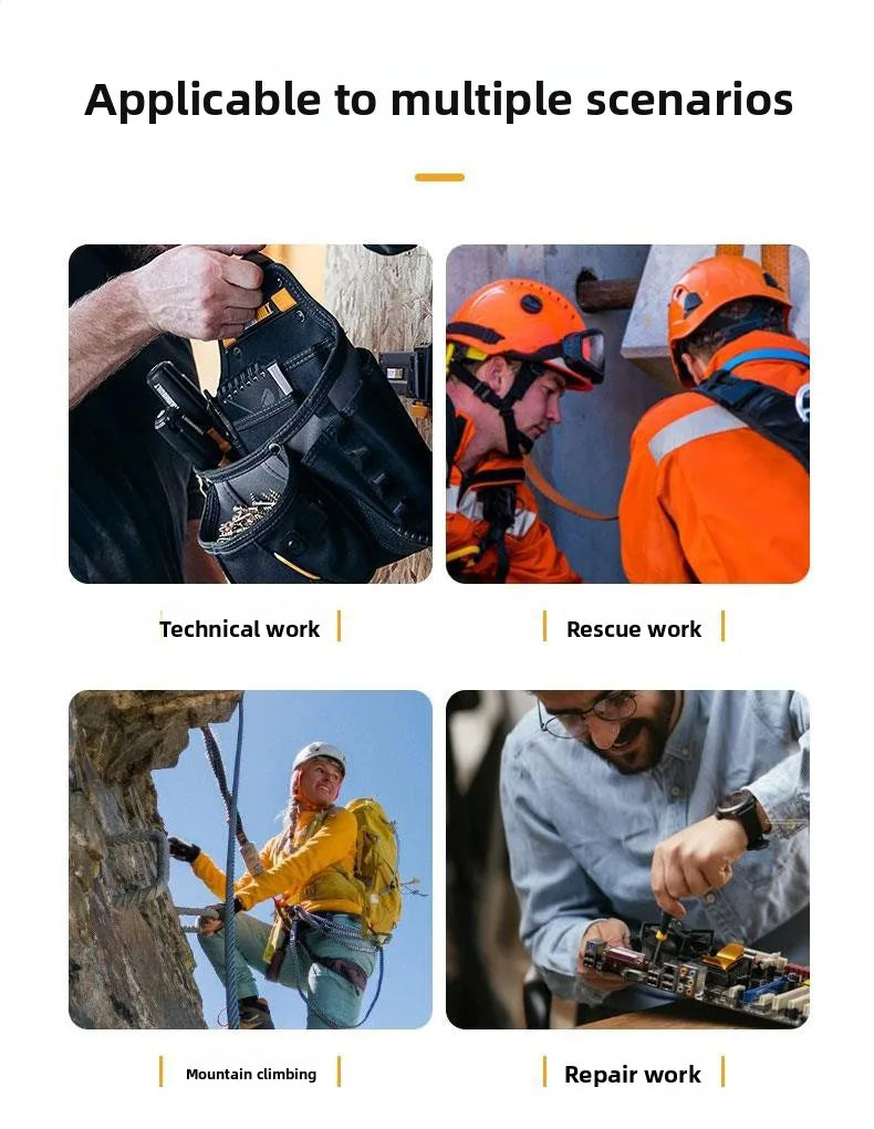 A set of tools and gear shown in various work scenarios including technical, rescue, mountain climbing, and repair work.