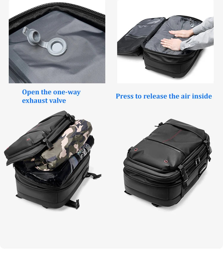 A black expandable travel laptop backpack demonstrating a one-way exhaust valve and vacuum compression features.