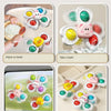 A set of spinning bath toys for toddlers featuring various animals and shapes used for different play scenes like having a me