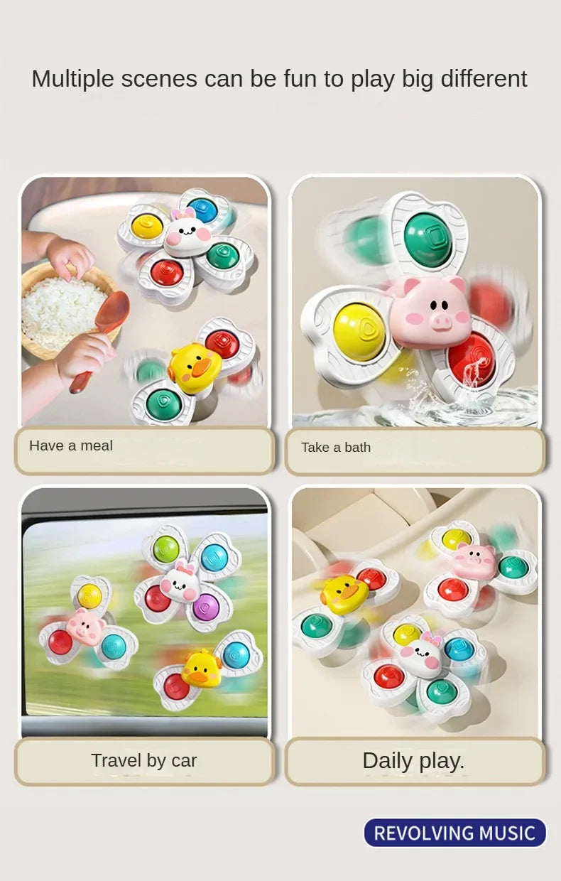 A set of spinning bath toys for toddlers featuring various animals and shapes used for different play scenes like having a me