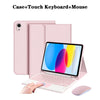A pink detachable wireless keyboard case and mouse shown next to an iPad.