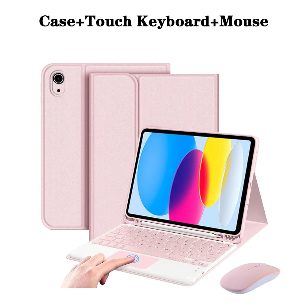 A pink detachable wireless keyboard case and mouse shown next to an iPad.