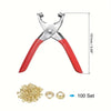 A pair of red and silver pliers with a measurement scale, shown next to 100 metal eyelets.