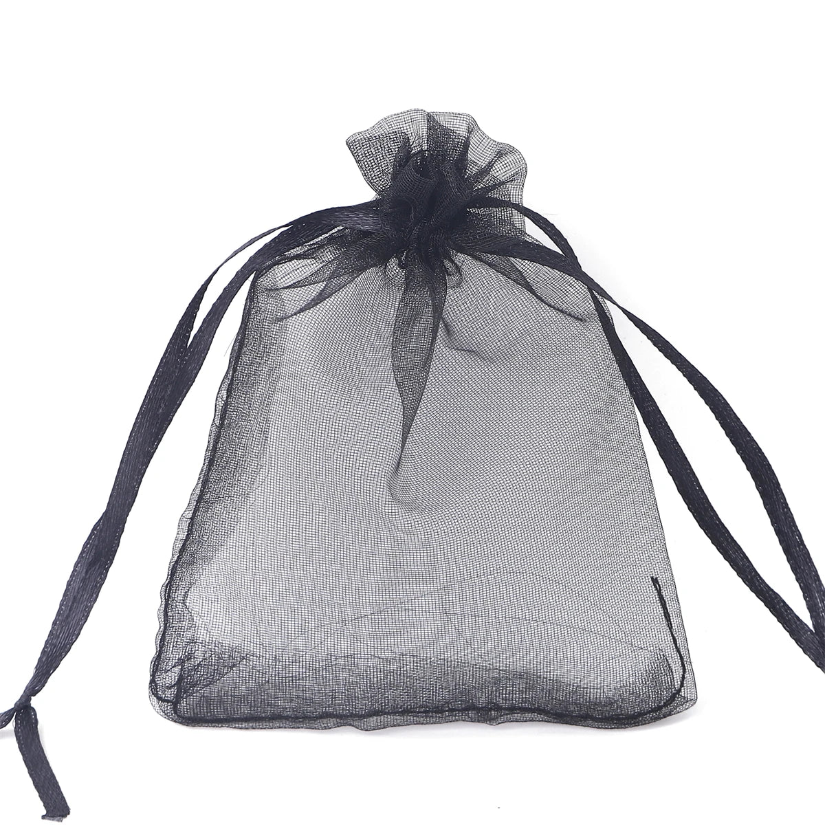 A clear black organza drawstring gift bag with a gathered top and long ties.