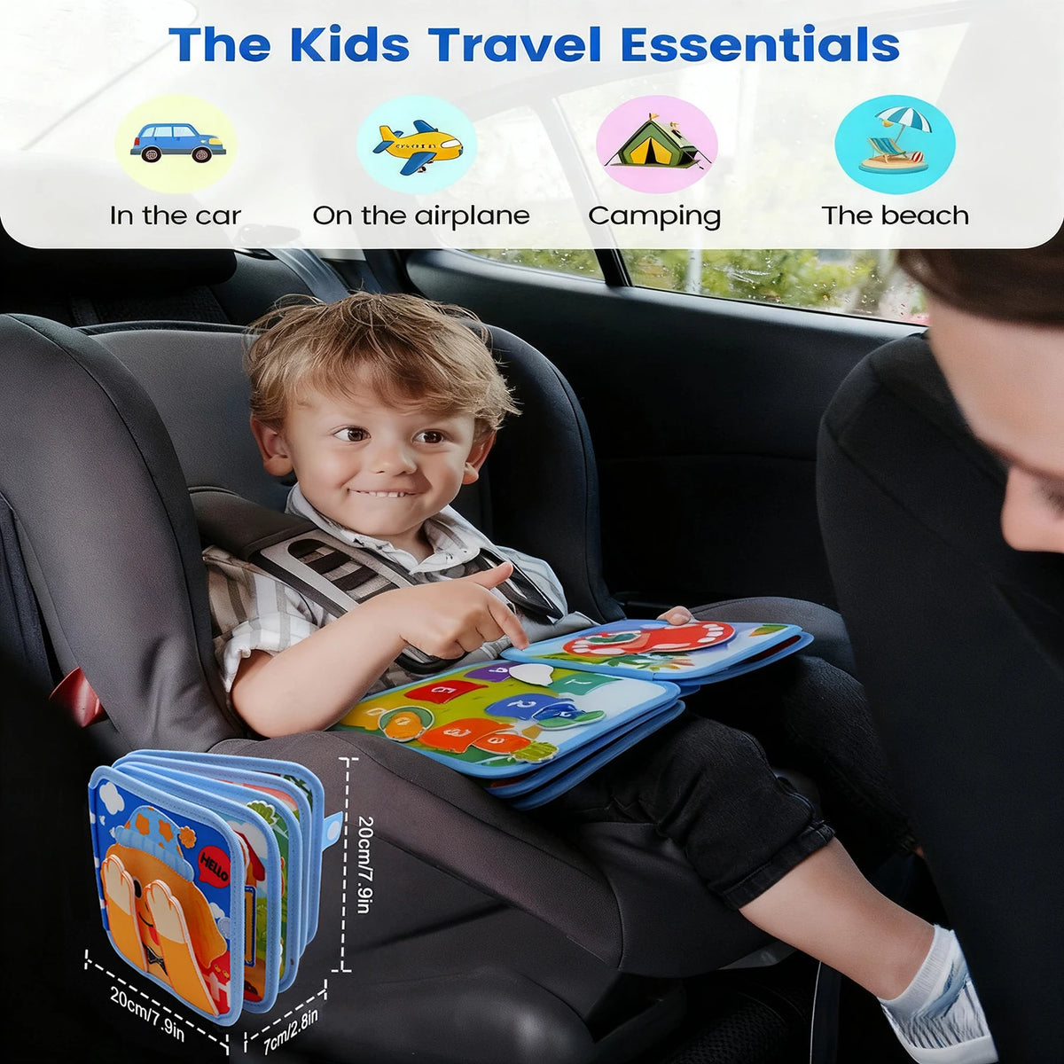 A toddler is playing with a colorful Montessori giraffe busy board and quiet book inside a car seat.